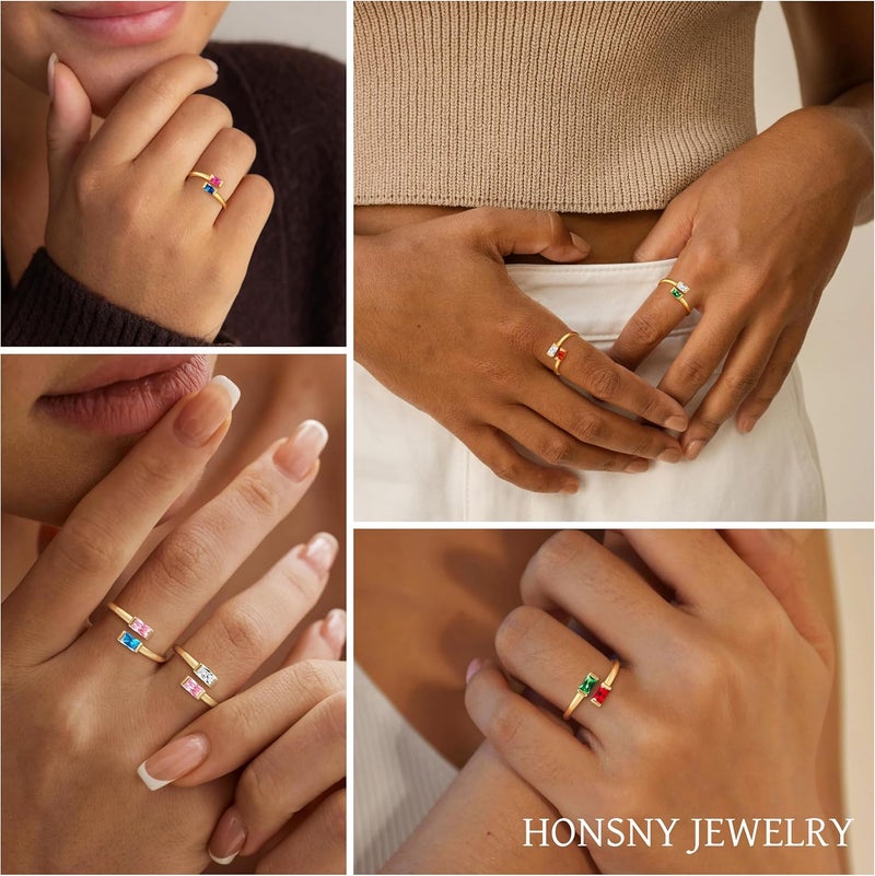 Honsny Gold Birthstone Rings for Women Non Tarnish 14K Gold Plated Adjustable Emerald Ring Cubic Zirconia Gemstone Promise Ring for Her Engagement Personalized Waterproof Jewelry Gifts for Birthday - Image 4